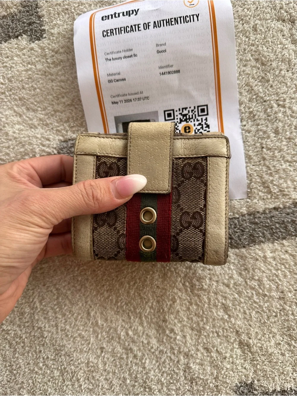 Gucci Small Monogram Canvas Wallet with Red and Green Stripe